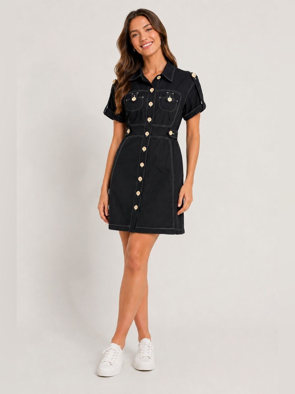 Billy Reid Button Cargo Utility Mini Dress Size 4 Black Contrast Stitching